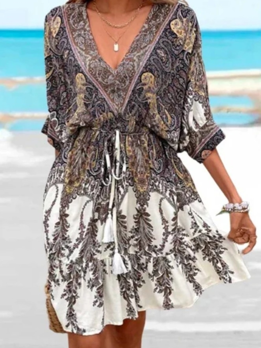 Cupshe Boho Paisley V-Neck Dress Dolman Sleeve Ruffle Flouncy Hem Size L